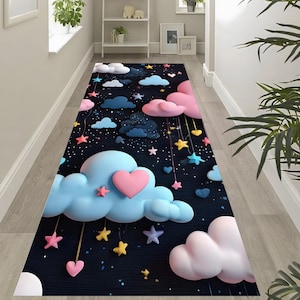 Pink Cloud Heart Stars Runner Rug – Cute Pastel Carpet for Girls Room – Whimsical Night Sky Floor Mat for Kids RUGS