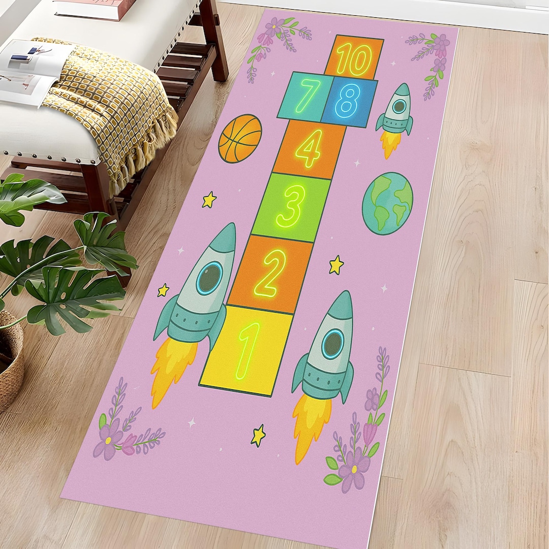 Moon Rover Play Rug Rocket Hopscotch Rug for Kids Room, Colorful Pink Galaxy Game Carpet ...