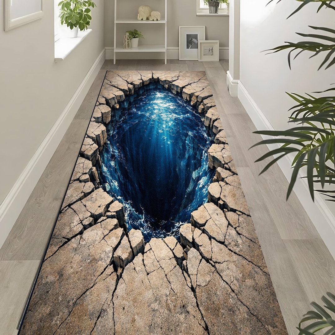 Abyss Throw Rug 3D Ocean Abyss Rug: Cracked Earth Illusion Carpet, Deep Sea Water Hole ...