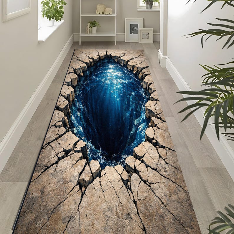 Visualabyss Rugs 3D Ocean Abyss Rug: Cracked Earth Illusion Carpet, Deep Sea Water Hole ...