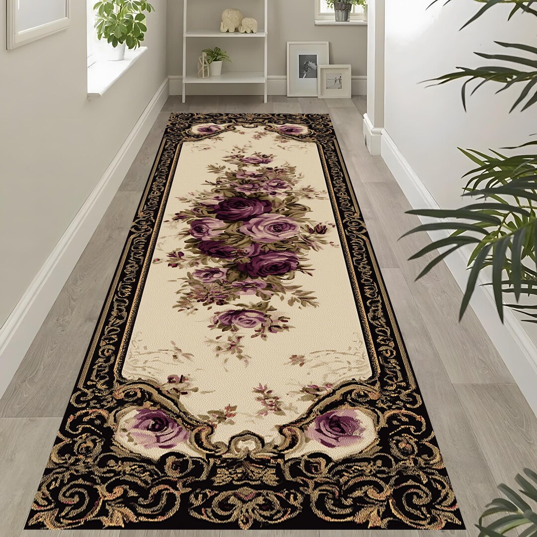 Baroque Rose Runner Rug: Purple Floral Carpet, Black Gold Frame Pattern ...
