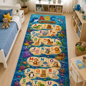 May include: A rectangular area rug featuring an underwater theme with the alphabet from A to X. Each letter is paired with a corresponding animal illustration on a sandy-colored patch, surrounded by blue water, colorful coral, and sea life.