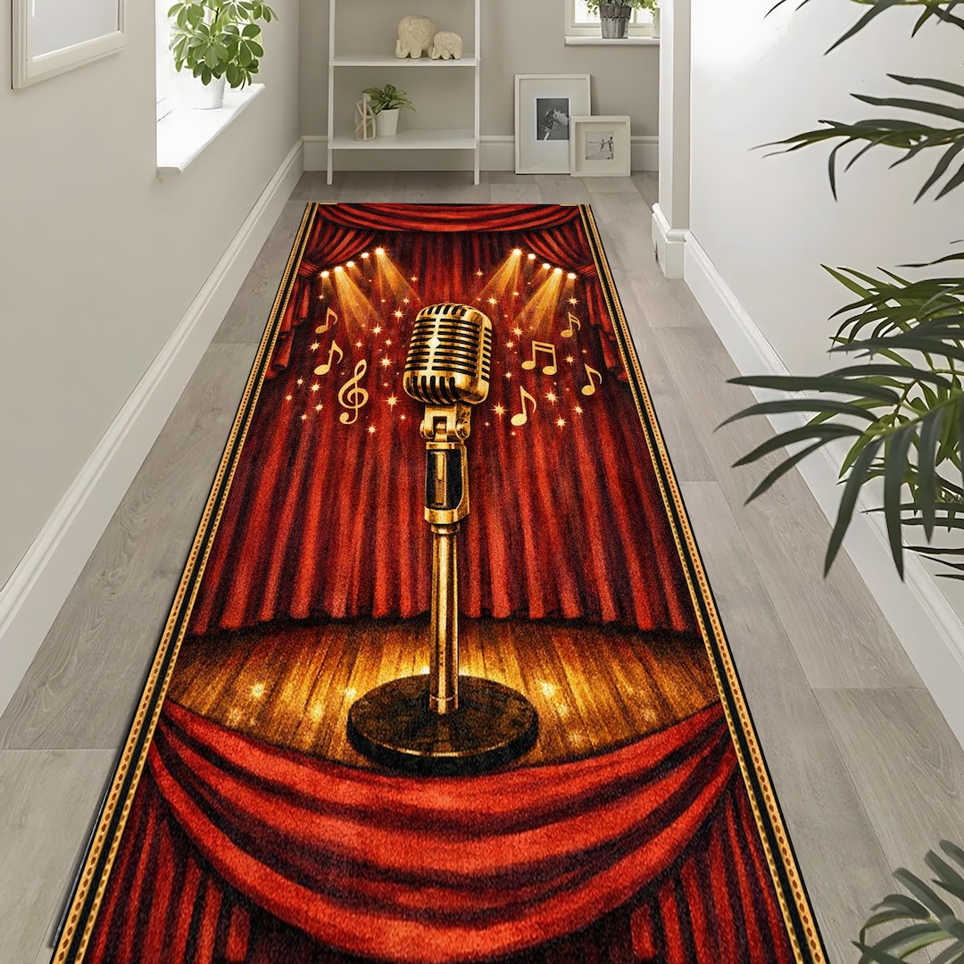 Vintage Stage Microphone Runner Rug, Retro Theater Music Carpet, Singer ...