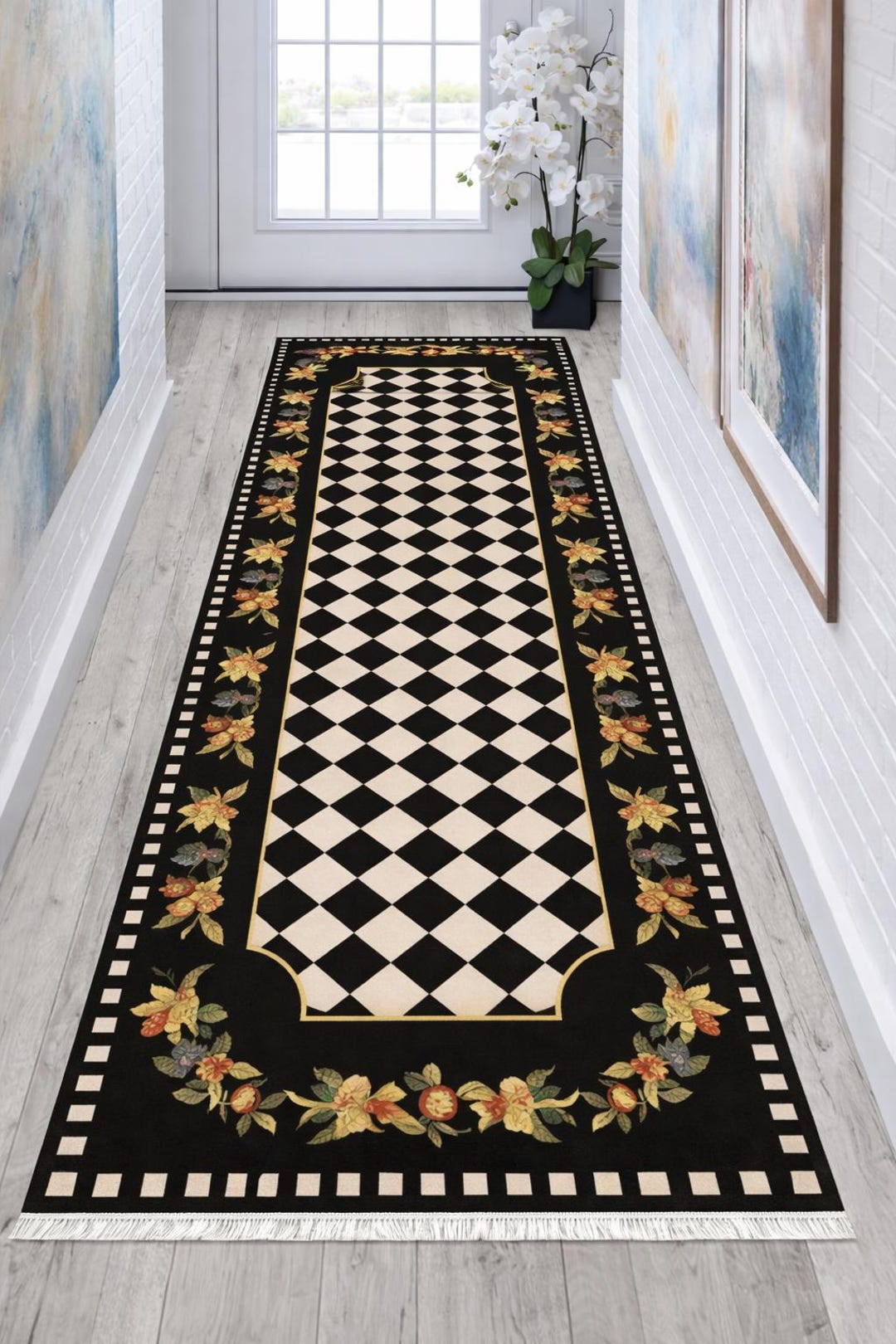 Deco Border Rugs Baroque Floral Rug: Black Gold Border Carpet, Diamond Pattern Design ...