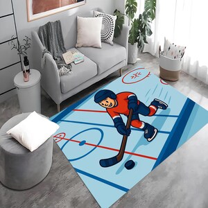 Bonita alfombra de jugador de hockey para niños – Alfombra con dibujos de pista de hielo – Decoración deportiva para habitación infantil – Divertida alfombra de juego de hockey sobre hielo