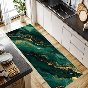Green and Gold Marble Texture Runner Rug