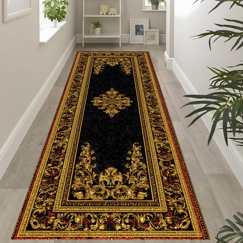 Baroque Royal Rug: Black Gold Carpet, Elegant Ornate Pattern, Classic ...