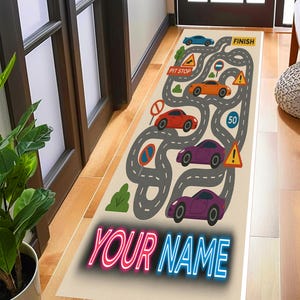 Tapis de course personnalisé pour piste de course - Tapis de route de voiture avec nom personnalisé pour enfants - Tapis de jeu de circulation pour chambre de garçonsRUGS, tapis de course carte routière pour enfants