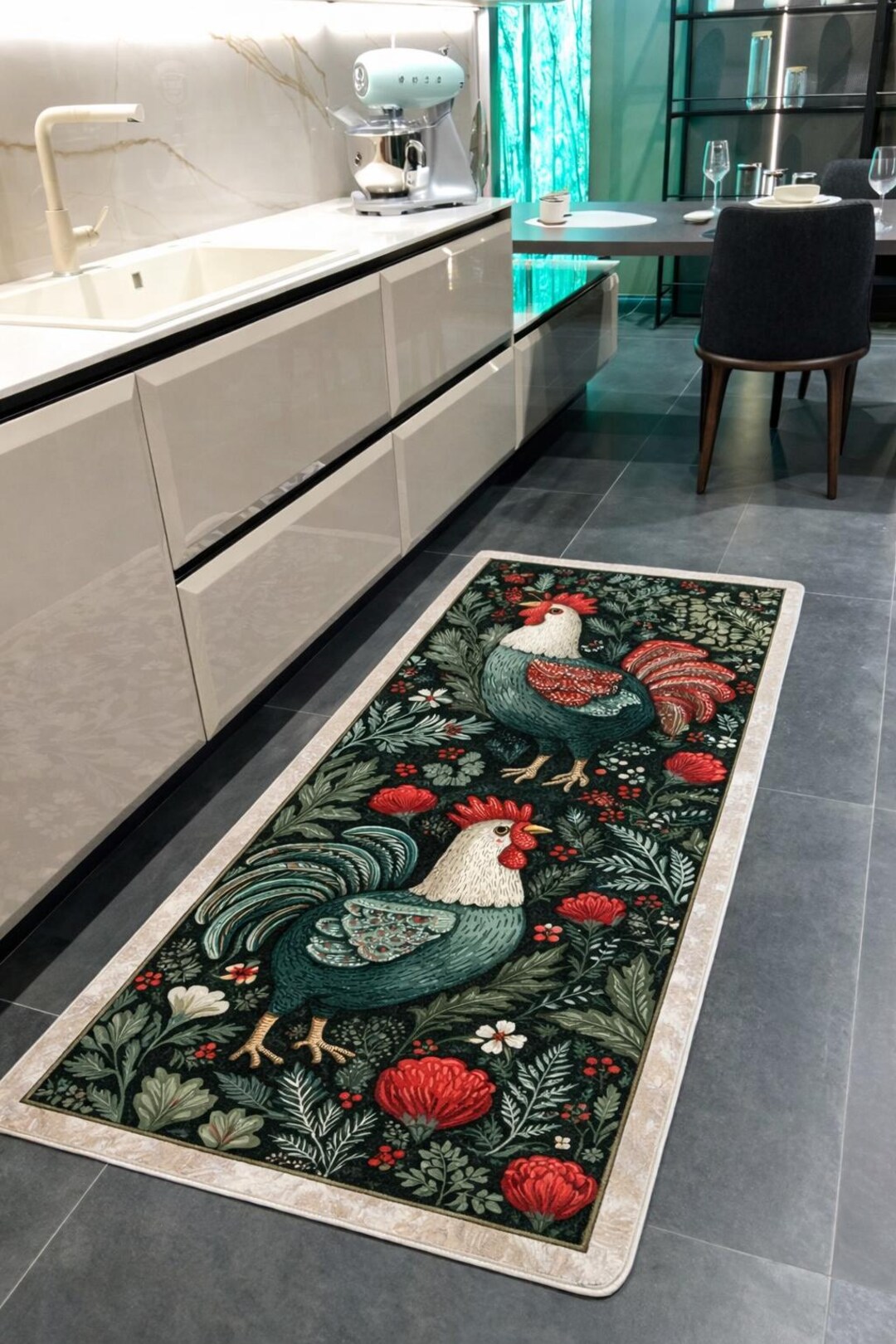 Blue Chicken Rug Rooster Kitchen Runner Rug, Farmhouse Chicken Rug, Vintage Floral ...