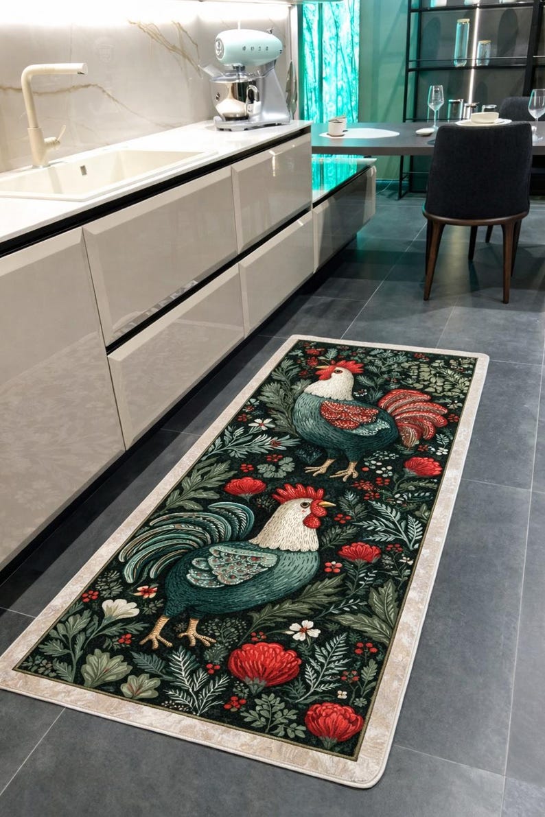 Rooster Kitchen Runner Rug, Farmhouse Chicken Rug, Vintage Floral ...