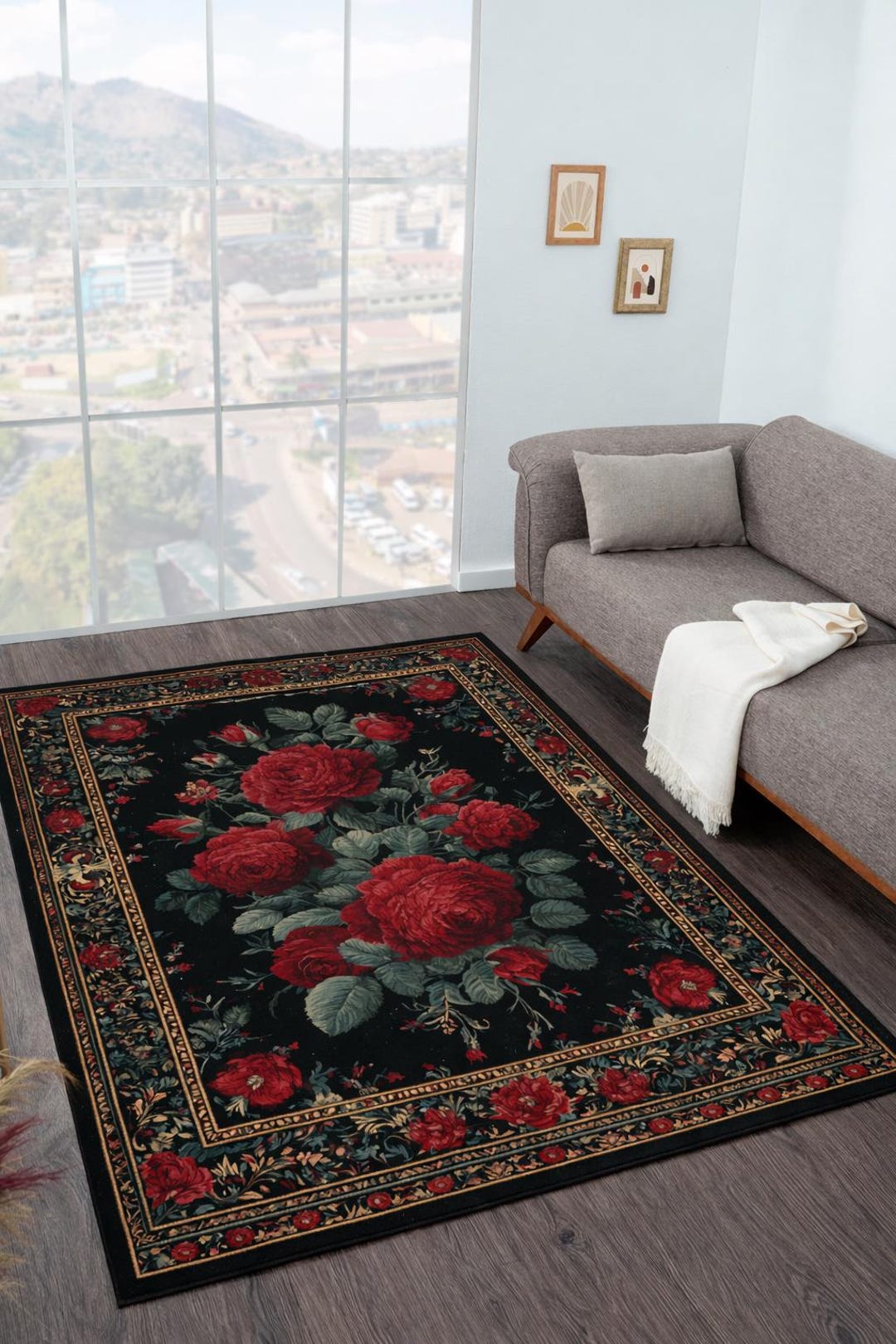 Vintage Red Rose Rug, Dark Floral Area Rug, Classic Victorian Flower ...