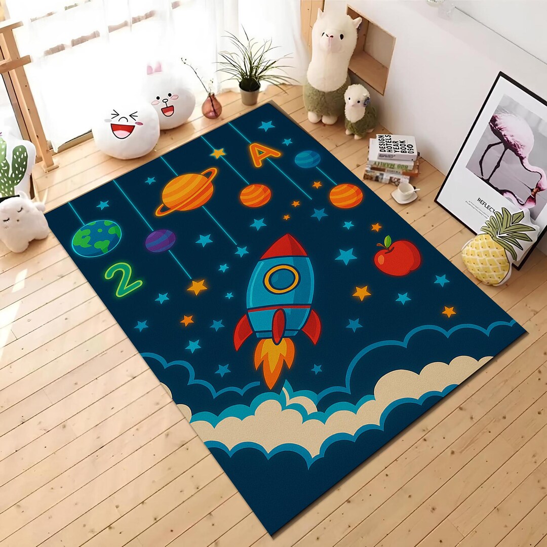 Rocket and Planets Kids Rug – Colorful Space Theme Carpet With Stars ...