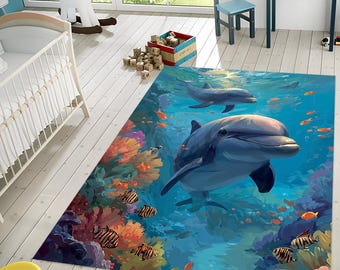 Dolphin Ocean Rug: Underwater Nursery, Kids Playroom Carpet