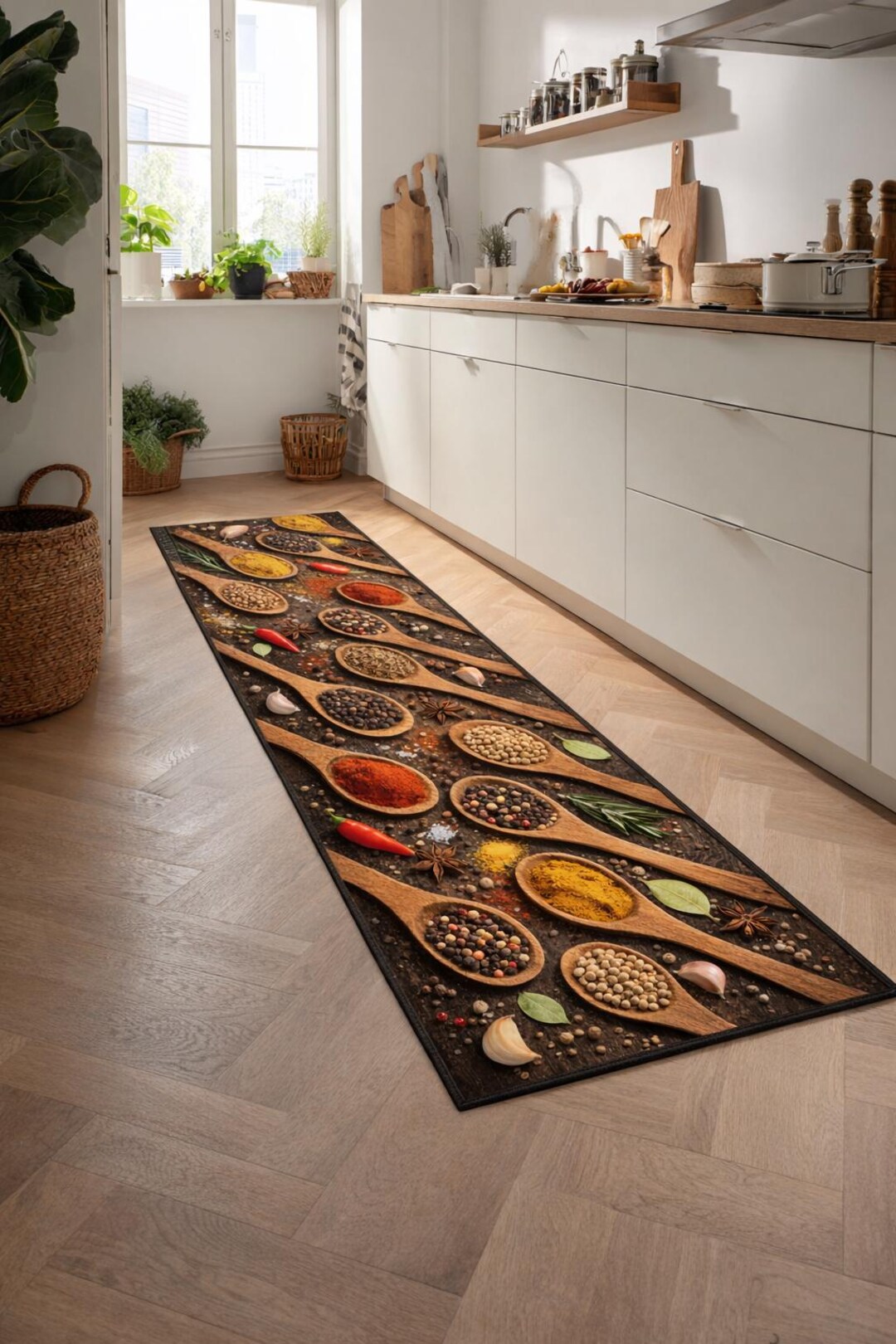 Spice Kitchen Runner Rug: Colorful Herb Seasoning Carpet, Rustic ...