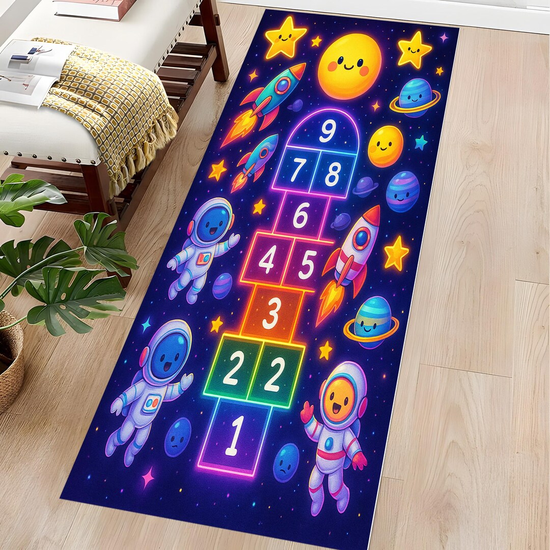 Moon Rover Play Rug Space Hopscotch Kids Rug, Galaxy Theme Play Mat, Colorful Astronaut ...