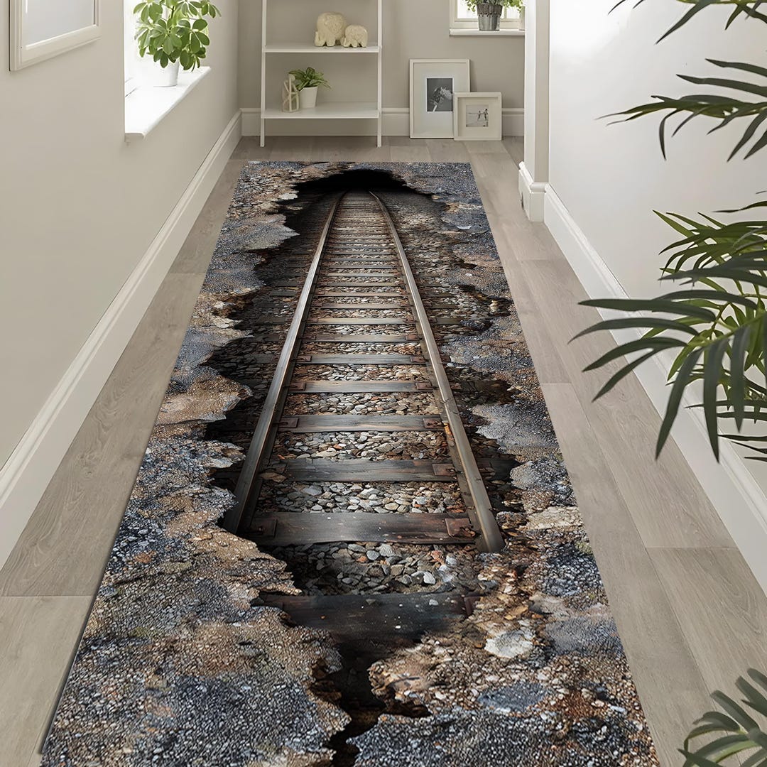 Model Train Rugs Railway Tunnel Runner Rug: 3D Railroad Track Illusion Carpet, Dark ...
