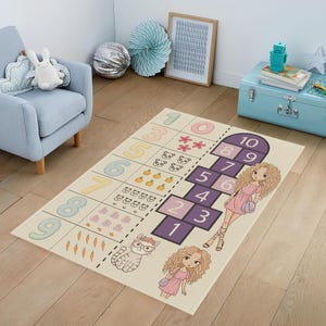 Mädchen Hopscotch Spielmatte, pädagogisch wertvoller Teppich für Kinderzimmer, niedlicher Cartoon Teppich, Kleinkind Lernspiel Kinderzimmer Dekor TEPPICH