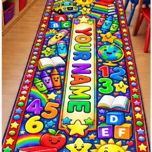 May include: A rectangular classroom rug featuring a vibrant, multi-colored design with cartoon school buses, smiling suns, books, crayons, globes, and alphabet blocks. The center contains a vertical banner with the text YOUR NAME.