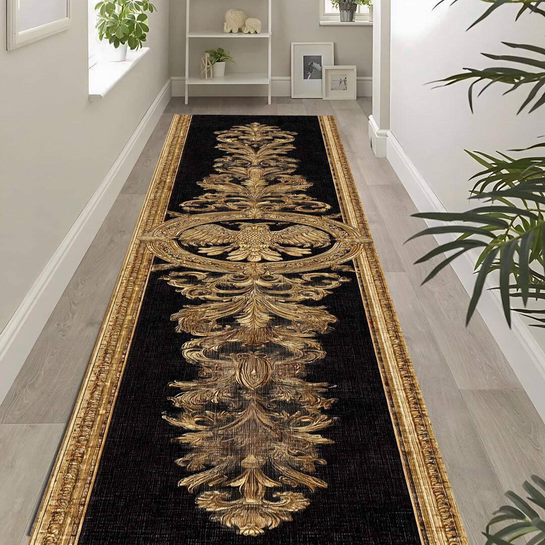 Baroque Eagle Runner Rug: Black & Gold Royal Hallway Carpet - Etsy