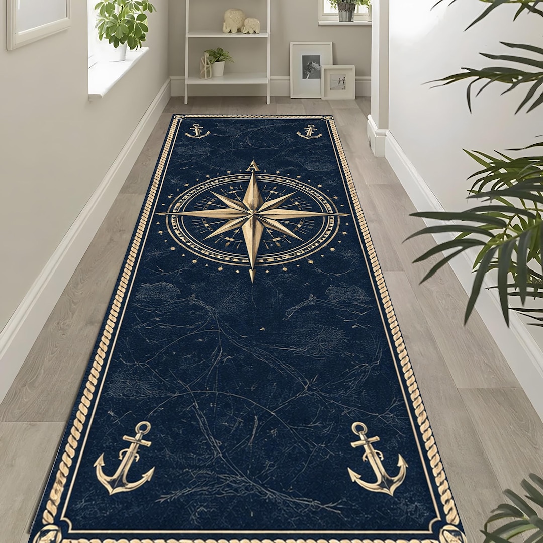 Nautical Compass Rug: Navy Gold Anchor Carpet, Vintage Maritime ...