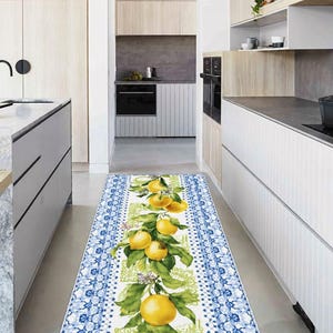 Lemon Blue Rug: Citrus Floral Runner, Mediterranean Yellow Kitchen Tile Decor Carpet