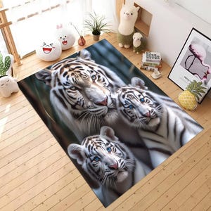 White Tiger Family Rug: 3D Print, Non-Slip Cotton Base