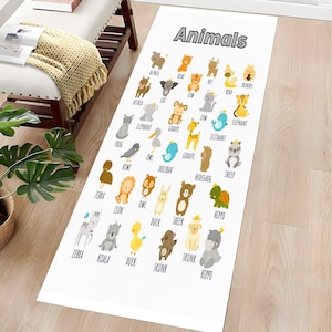 Alfombra de animales colorida para habitación infantil, bonita alfombra con ilustraciones de animales, alfombra educativa para guardería, tapete de juego largo para niños.