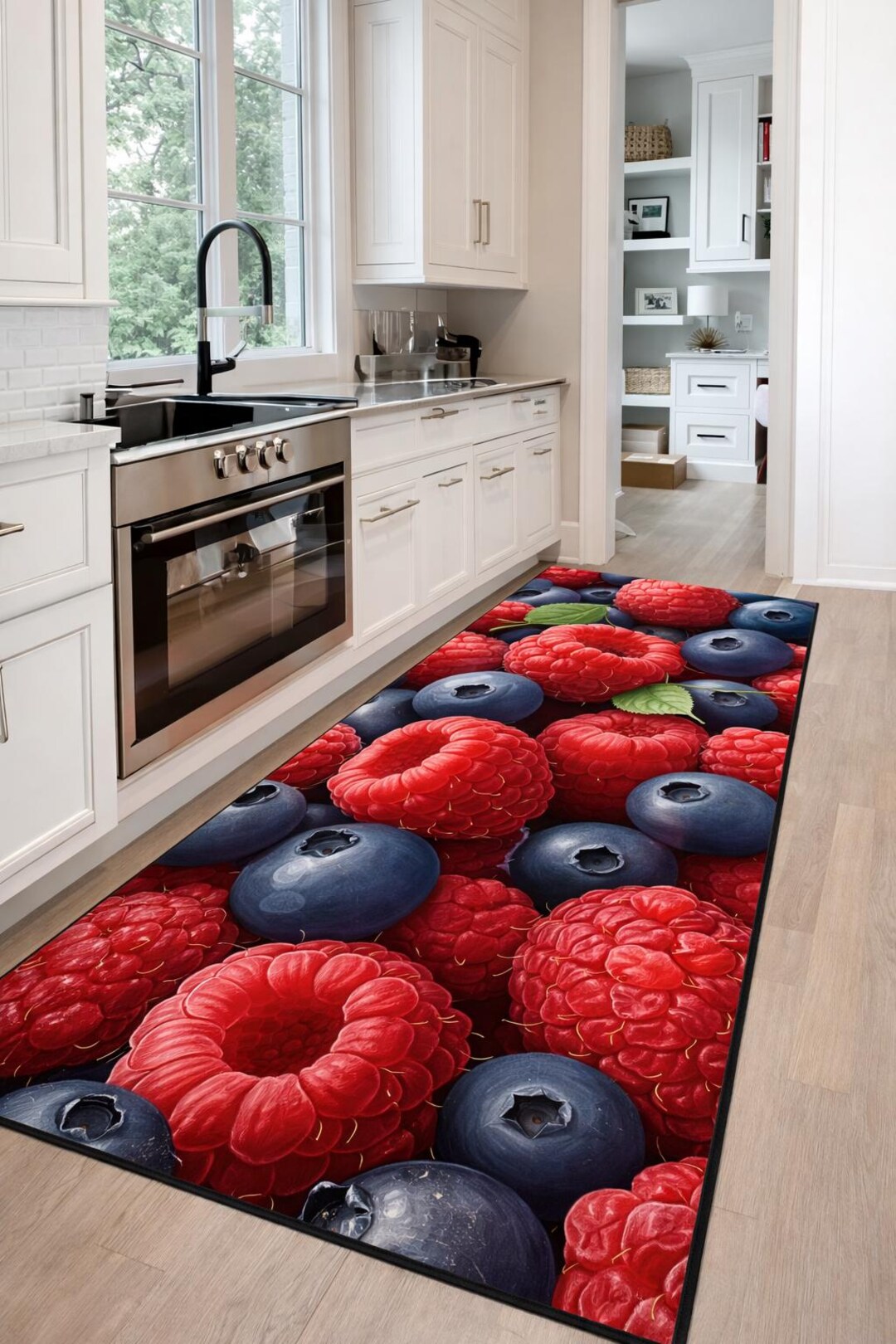 Berry Red Runner Rug: Raspberry Blueberry Carpet, Fresh Kitchen Fruit ...