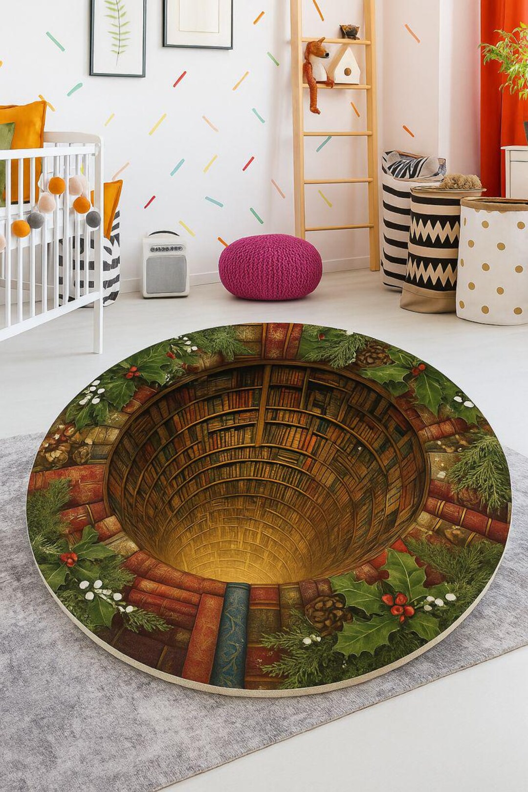 Hidden Library Rug 3D Library Round Rug, Fantasy Book Hole Carpet, Optical Illusion Floor ...
