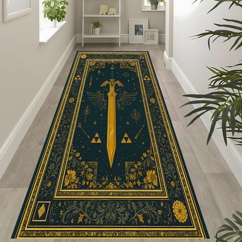Sword Fish Rug Zelda Triforce Rug: Golden Sword Carpet, Emerald Blue Design, Fantasy ...