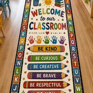 May include: A rectangular classroom rug featuring a cream center with the text Welcome to our Classroom, surrounded by a dark blue border with the alphabet and numbers 1-10. It includes colorful pencil graphics with positive phrases.