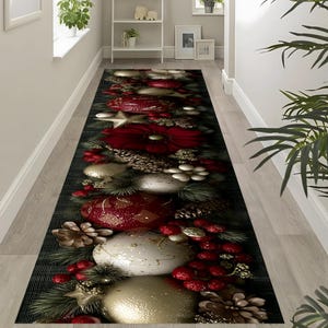 Christmas Runner Rug: Red & Gold Ornaments, Holiday Hallway Carpet