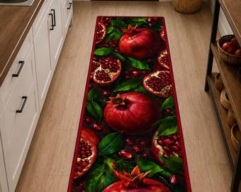 Pomegranate Red Runner Rug: Juicy Fruit Pattern, Green Leaves Design, Vibrant Kitchen Decor Accent