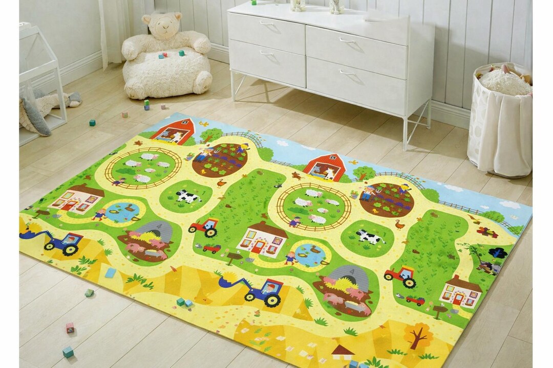 Farm Field Rug Kids Farm Rug: Green Yellow Tractor Animals Design, Colorful Play Mat ...