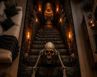 Alfombra de esqueleto de Halloween: Alfombra de mazmorra embrujada, escalera de calavera negra y naranja, decoración de ilusión de terror gótico