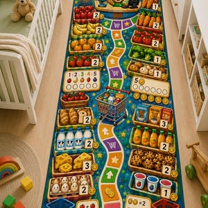 May include: A rectangular blue area rug featuring a colorful grocery store board game design with a START and FINISH line, illustrated food items in baskets, a shopping cart, numbers, and cartoon animal characters including a bear, rabbit, and cat.