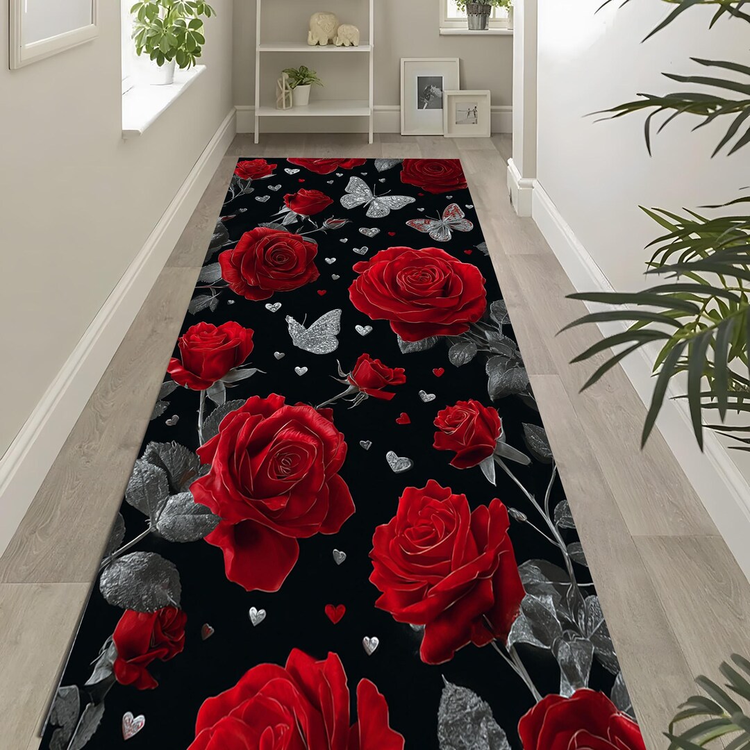 Red Rose Butterfly Runner Rug, Black Background Floral Carpet, Romantic ...