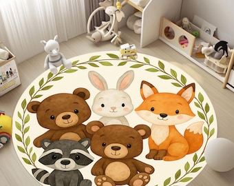 Woodland Animal Round Rug | Cute Bear Fox Bunny Raccoon Mat | Nursery Floor Carpet | Forest Theme Kids Room Decor | Digital Download RUGS