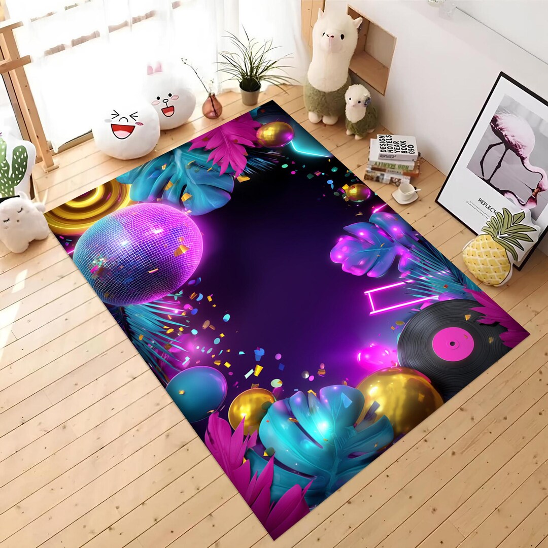 Neon Disco Party Rug – Colorful Vinyl Record Carpet With Confetti ...