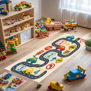 Tapis de jeu Feuille de route pour enfants - Panneaux de signalisation et voitures colorées - Tapis de course éducatif - Déco pour chambre de garçons, tapis de jeu