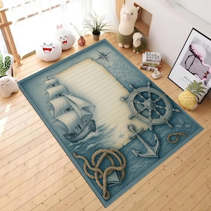 Nautical Rug,Vintage Sailboat and Anchor Carpet,Ocean Themed Mat,Coastal Steering Wheel Decor Rug,Maritime Rugs,Anchor Rugs,Sea Rug,Ship Rug