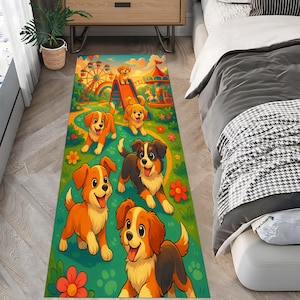 Schattige puppy speelkleed vloerkleed – kleurrijke cartoon hondenmat voor kinderkamer – leuk dierenthema gangtapijt
