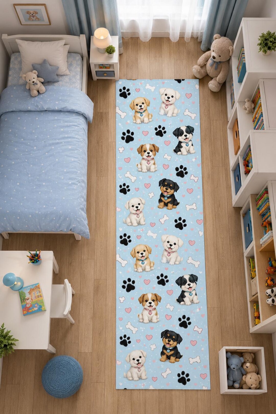 Puppy Runner Rug Blue Paw Print Carpet Cute Dog Pattern Kids Nursery Puppy Runner Rug Blue Paw Print Carpet Cute Dog Pattern Kids Nursery