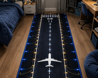 Flughafen-Startbahn-Teppich: Blauer Nachtflugzeug-Teppich, beleuchtetes Landebahn-Design, luxuriöse Dekoration für Kinderzimmer im Luftfahrt-Stil