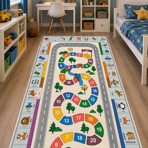May include: A rectangular area rug featuring a colorful board game design with a winding path of numbered squares from 1 to 20, surrounded by a gray road border. The rug includes illustrations of animals, objects, and the text START and FINISH.