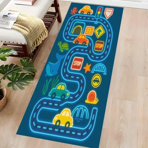 Tapis de jeu Feuille de route pour enfants - Panneaux de signalisation et voitures colorées - Tapis de course éducatif - Déco pour chambre de garçons, tapis de jeu