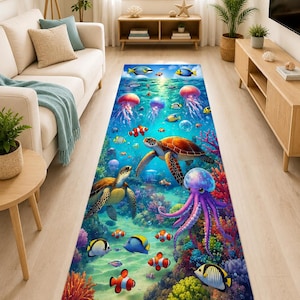 May include: A long rectangular area rug featuring a vibrant underwater scene with two sea turtles, a purple octopus, and various colorful tropical fish swimming among coral reefs and sea anemones in a bright blue ocean setting.