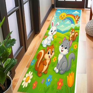 Süße Tierfreunde Teppich - Bunter Cartoon Waldteppich - Kinderzimmer Spielmatte mit Katze, Häschen Eichhörnchenteppich