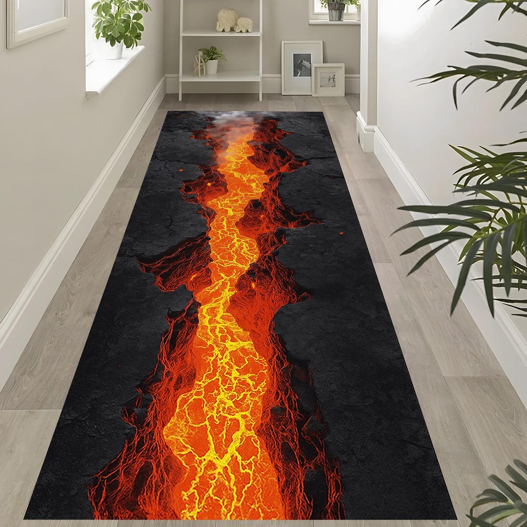 Lava Flow Runner Rug: Fiery Volcano Carpet, Glowing Crack Design, Bold ...