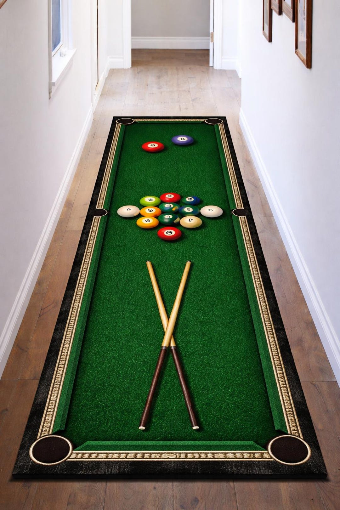 Billiard Table Runner Rug: Green Pool Balls Cue Design Sports Room ...